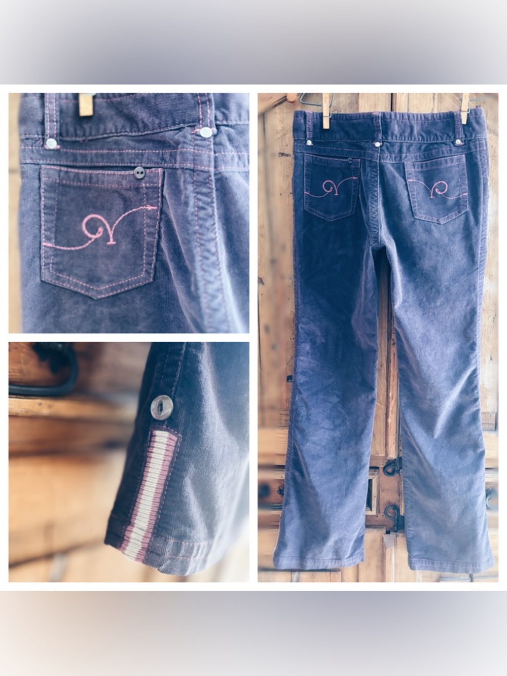 OOAK Artisan Repurposed Rocawear Plum Corduroy Flare Pants Vintage Buttons - Picture 13 of 13